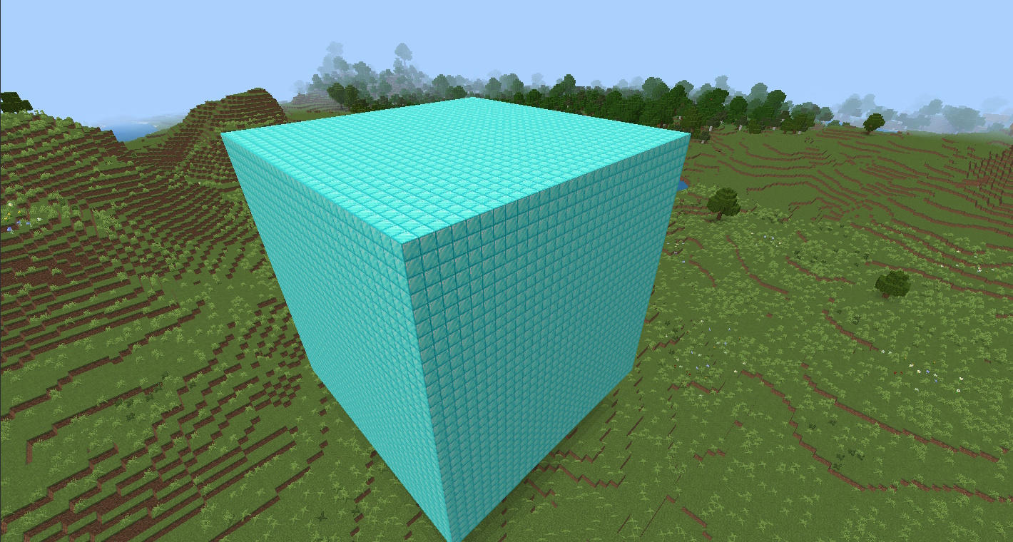 マイクラ教育版。MakeCodeで32×32×32の範囲にダイヤブロックを敷き詰めたサンプル。