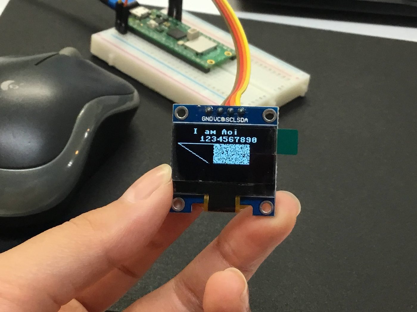 Raspberry Pi Pico につないだ小型ディスプレイに、自分の名前とQRコードを表示させたところ