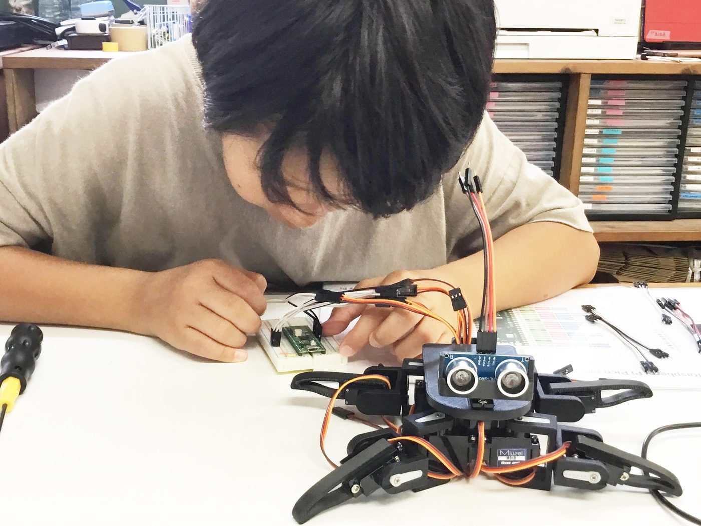 Raspberry Pi Pico とサーボモーター、超音波センサーで組み立てた4足歩行ロボット